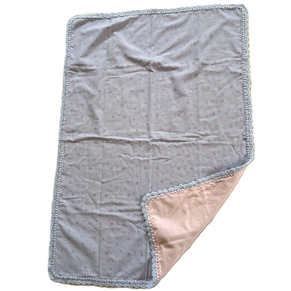 Handmade Baby Blanket With Crochet Edge Vintage Style Nursery Floral Blue Pink